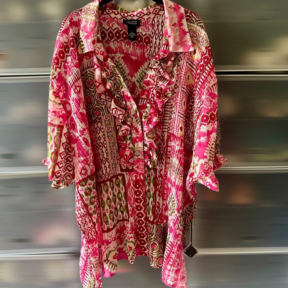 Liz & Me Platinum Collection Pink Ikat Patchwork Pleated Ruffle Blouse 5X 34/36W